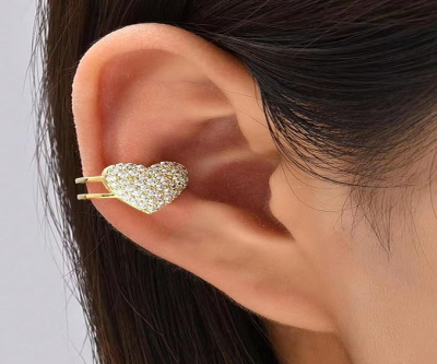 Gold Heart Rhinestone Earrings Ear Cuff